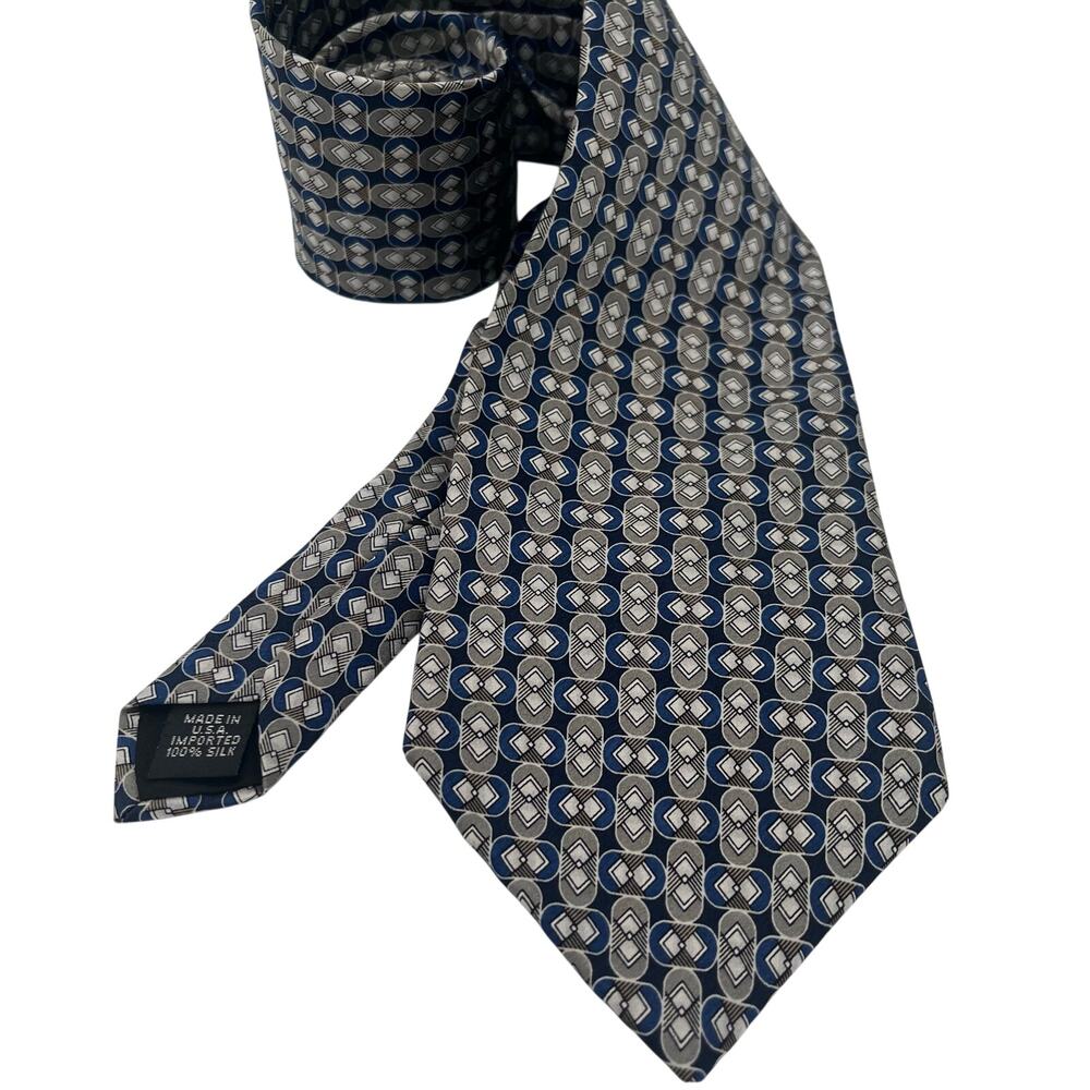 Oleg Cassini Silk Tie Blue White Silver Vintage Geometric 60"